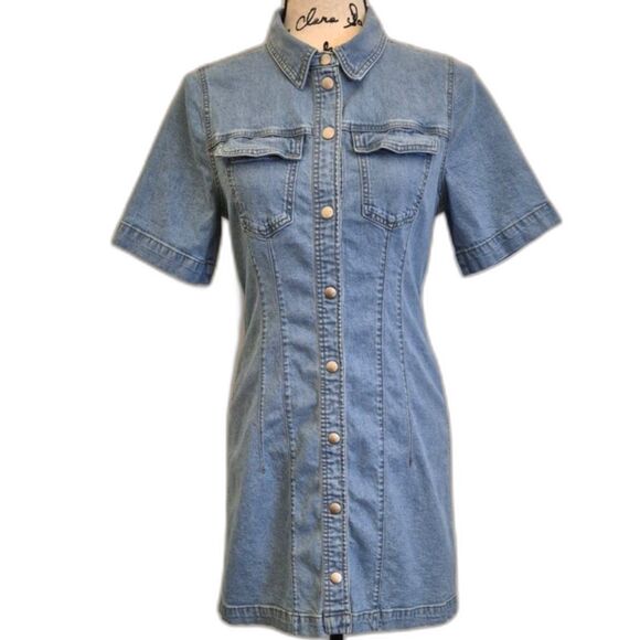 Madewell Dresses & Skirts - Madewell Denim Mini Dress S Snap Front Hemp Blend Short Sleeve Light Wash Casual